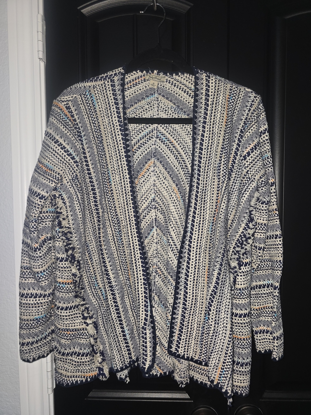 Lucky Brand Striped Open-Front Cardigan in Navy, Cream and Tan